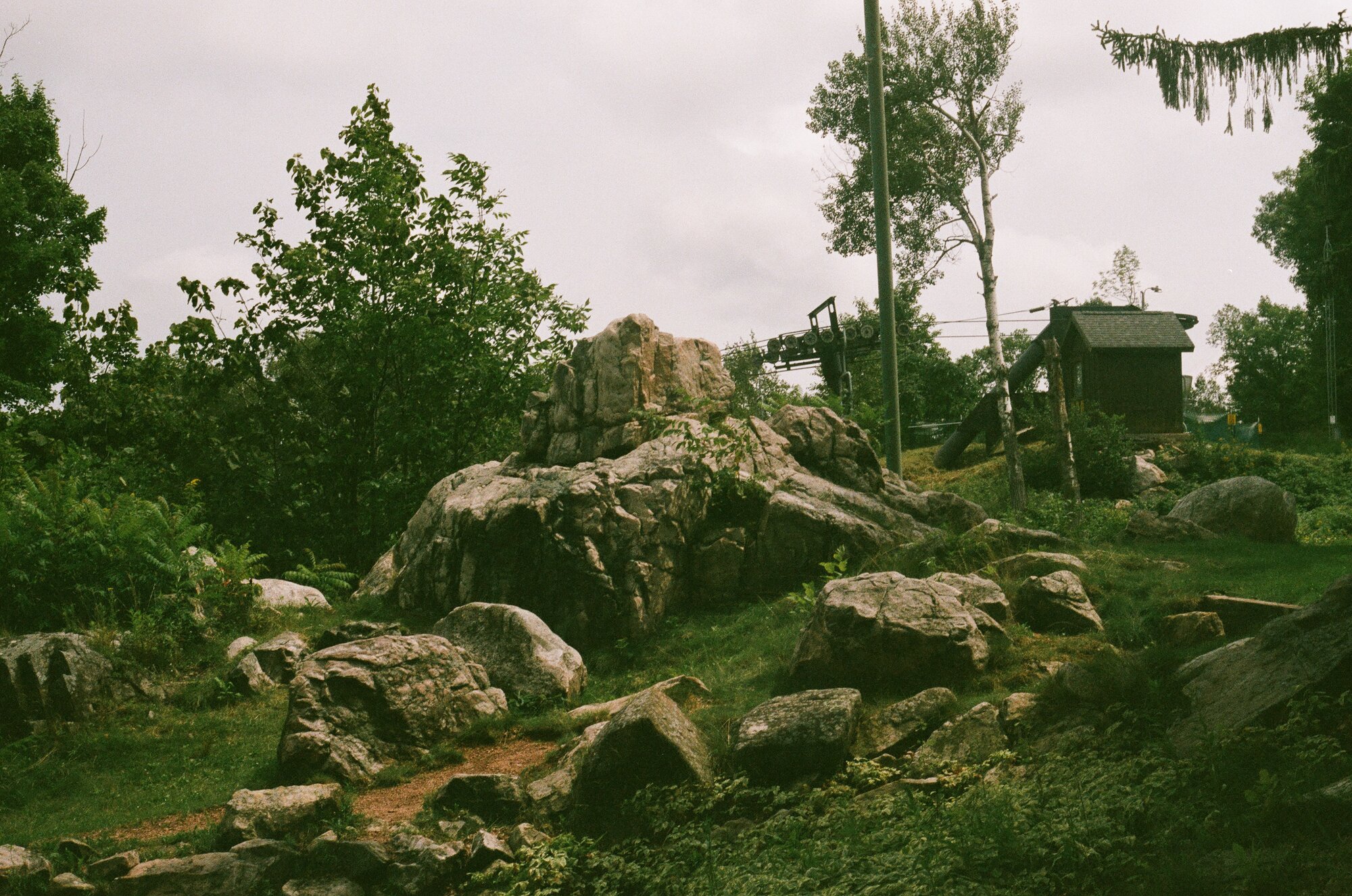 A very green tinted shot of some rocks at the top of Rib Mountain in Wisconsin.